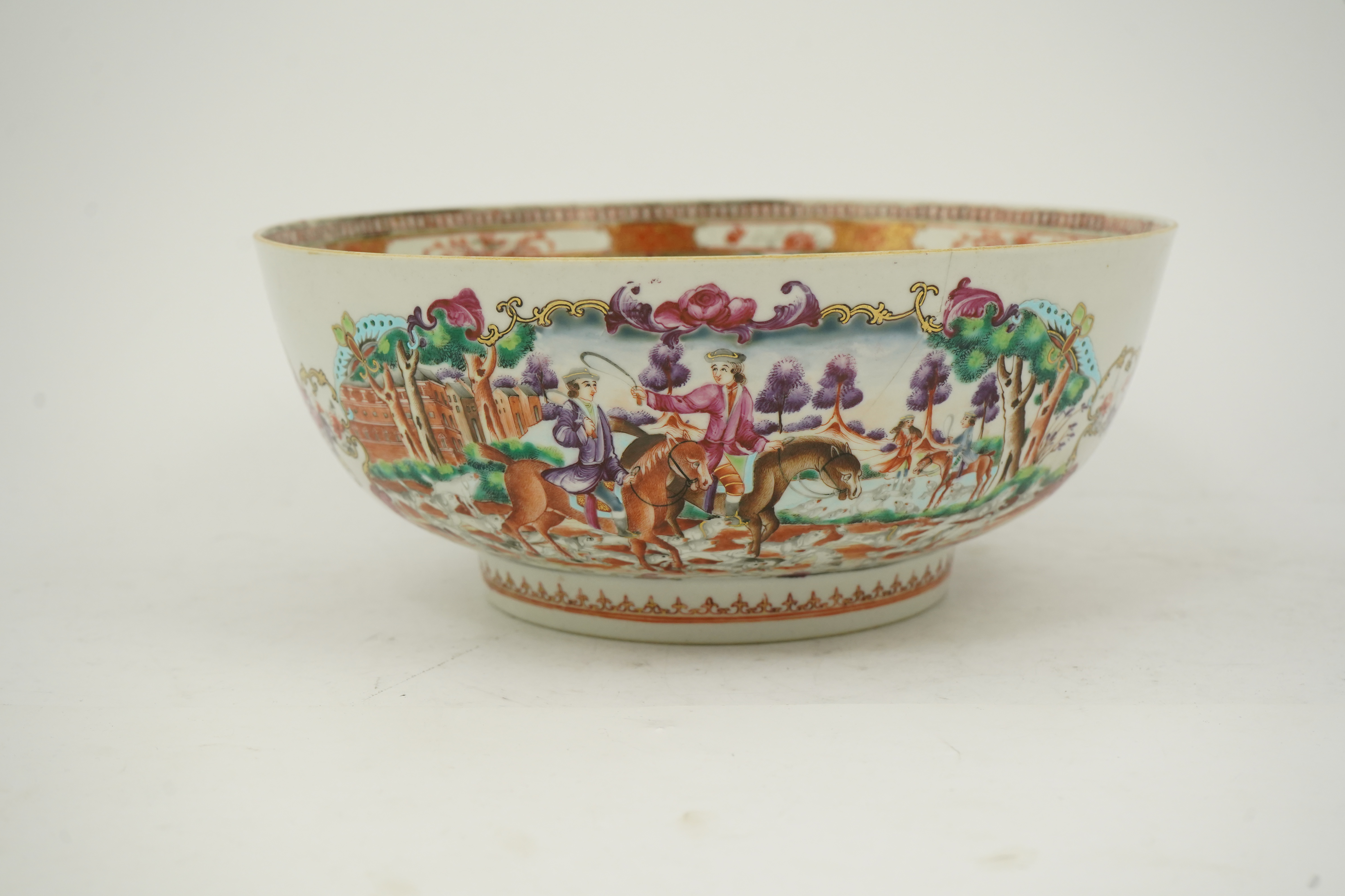 A Chinese export European subject ‘hunting’ punch bowl, Qianlong period